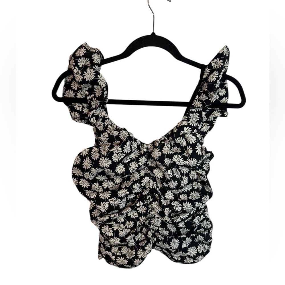 Gap Black and White Floral Ruched Puff Blouse